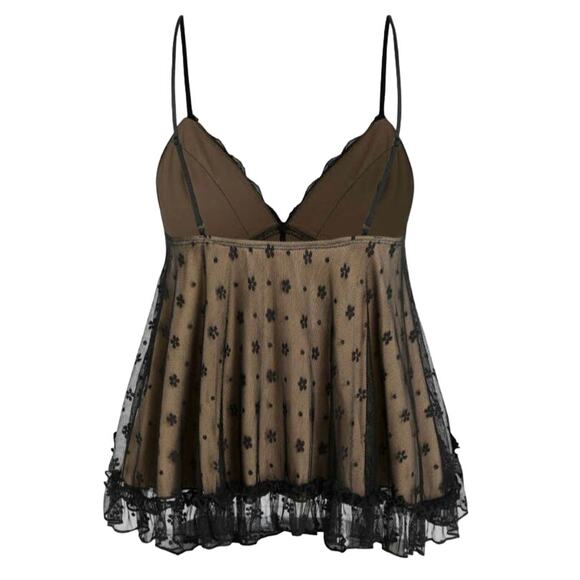 NWT Sexy Floral Lace VNeck Ruffle Cami Stretch Top Adjustable Straps M Black Tan - Picture 4 of 12